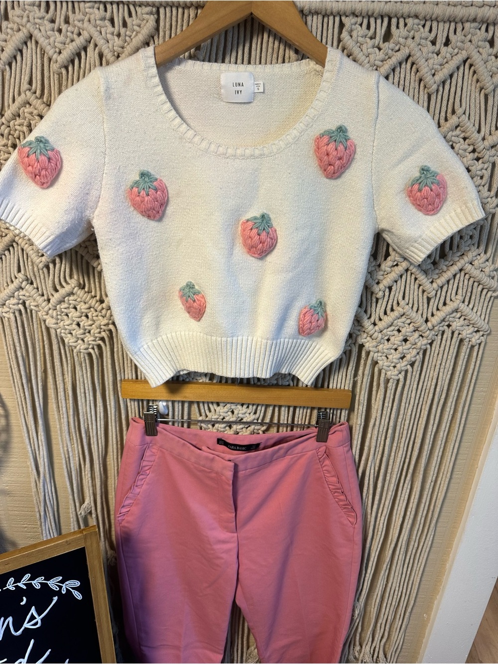 Luna Ivy White Strawberry Cropped Sweater Top